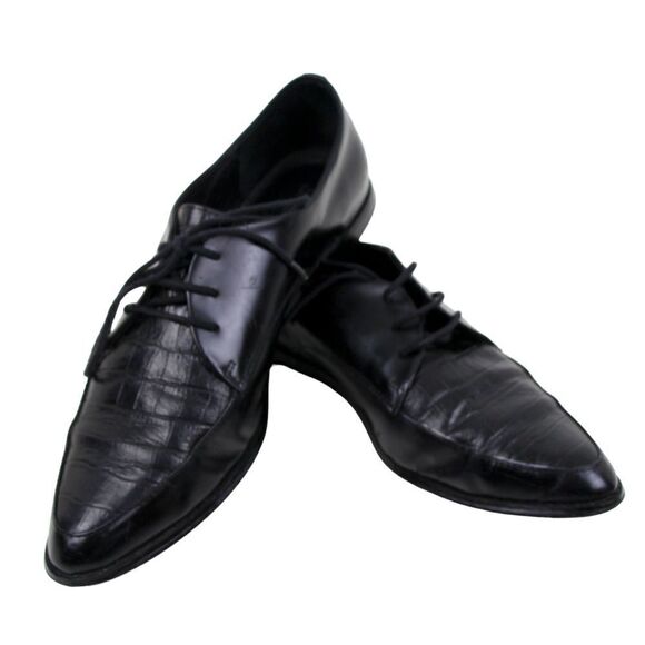 SABA BLACK GENUINE LEATHER CROCO PRINT LACE LOW HEEL POINTED TOE OXFORD SHOES 39 - Picture 6 of 11